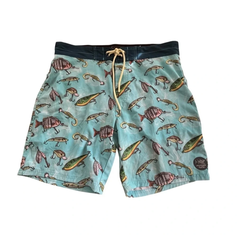 Psycho Tuna Vallarta Blue & White Fishing Lures Board Short Swim Trunks  SZ 32